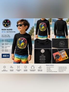 Maui and Sons Kids Size 4 UPF 50+ Rash Guard Swim Shirt Black Long Sleeve NWT